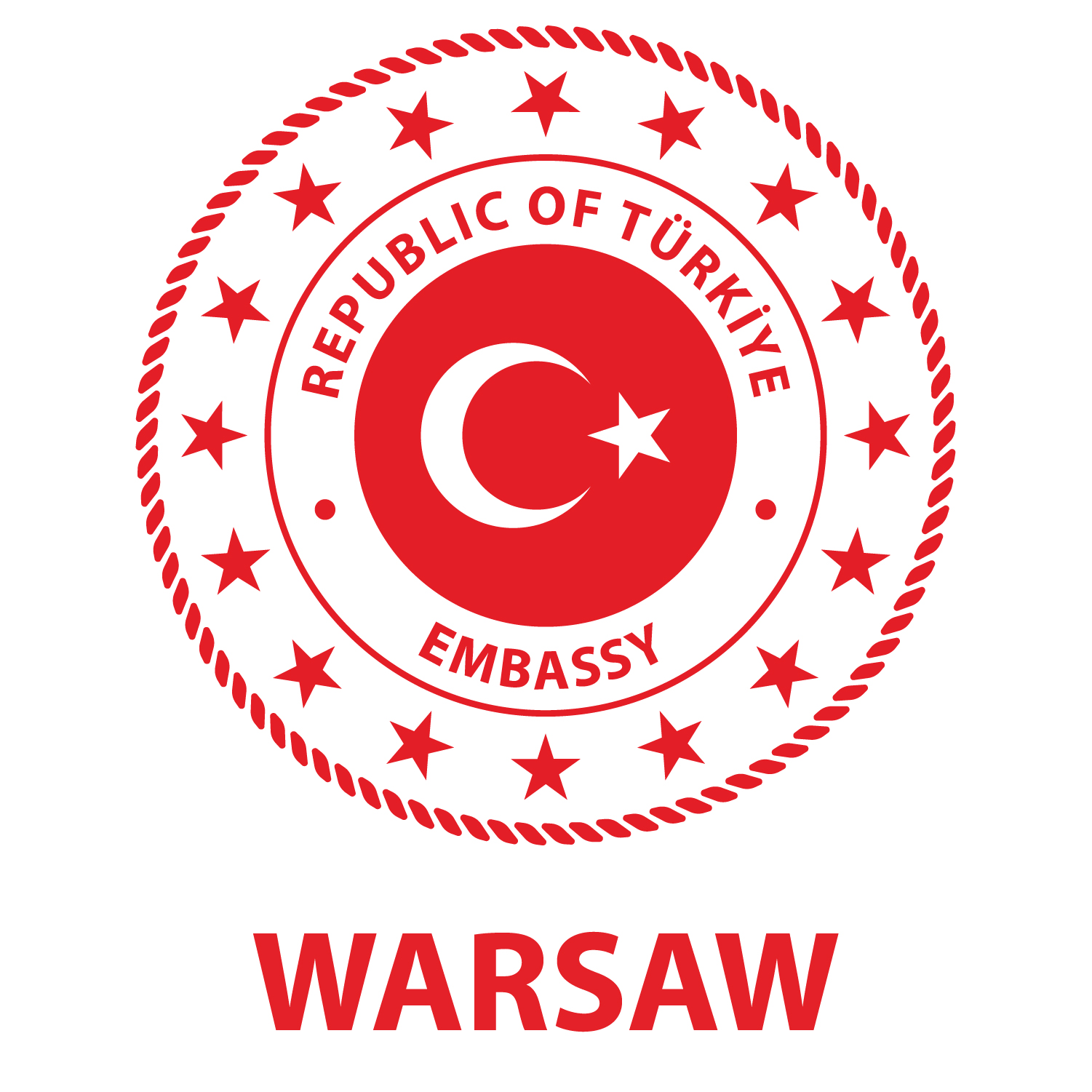 logo Ambasady Republiki Turcji – flaga Turcji wpisana w czerwony okrąg z napisem Republic of Turkiye