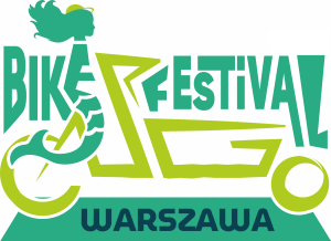 logo Cargo Bike Festival - nazwa festivalu ze słowem Cargo stylizowanym na rower towarowy i literą E w słowie Bike stylizowaną na warszawską syrenkę siedzącą na tym rowerze