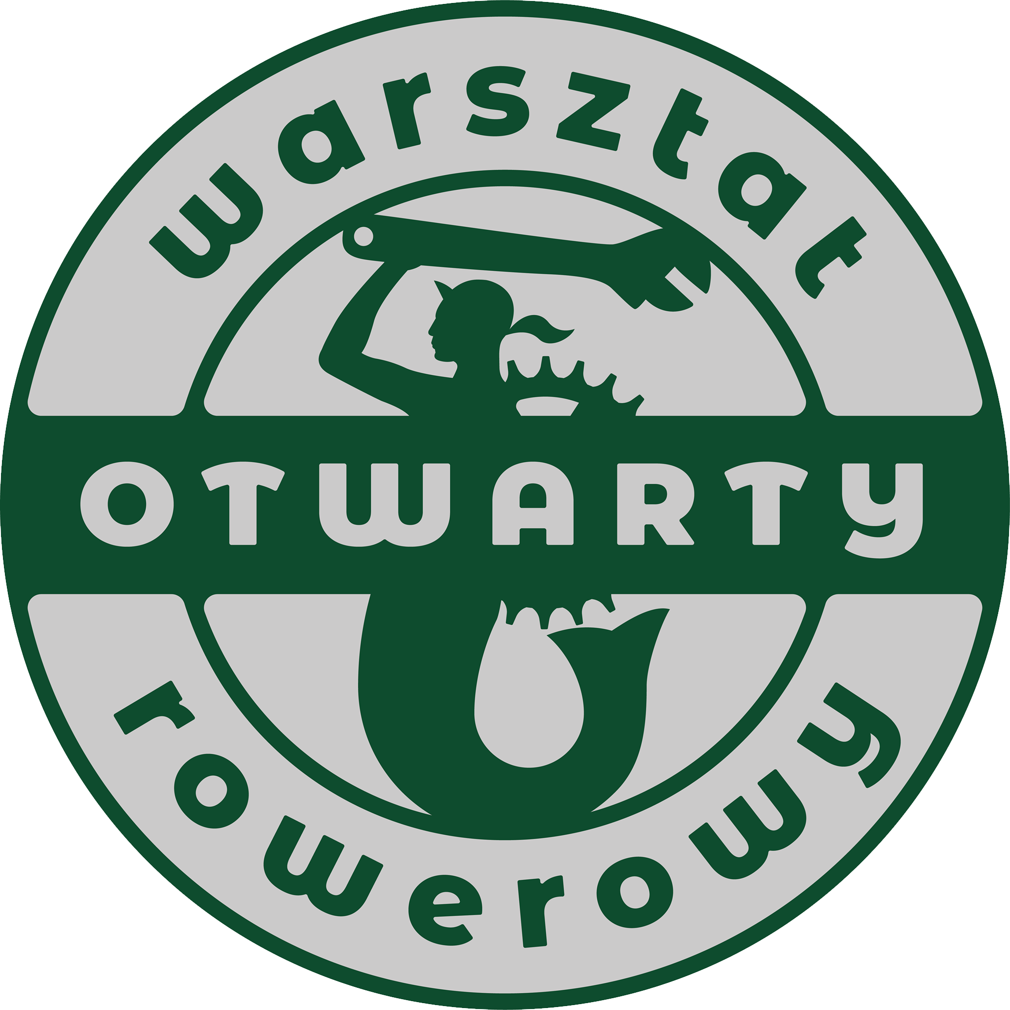 logo Otwartego Warsztatu Rowerowego - zielona syrenka warszawska trzymająca klucz francuski wpisana w okrąg